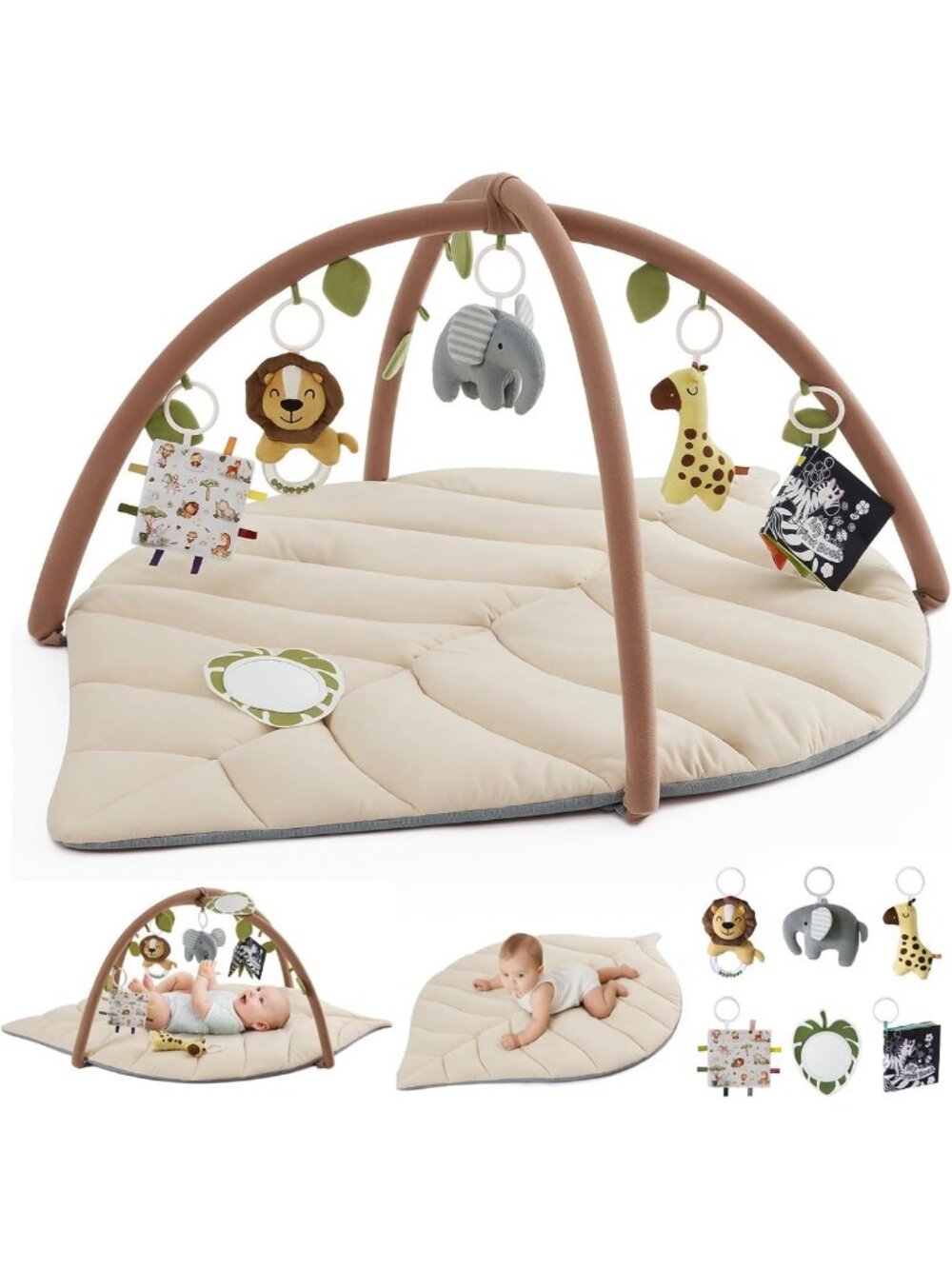 Leaf Shaped Baby Play Gym & Activity Mat with 6 Toys, Tummy Time Essential